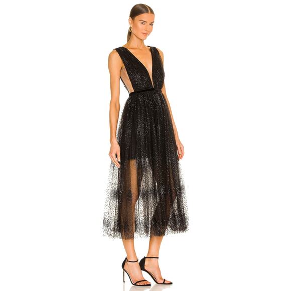Sau Lee Heather Dress Black Midi Shimmer Tulle Plunge Mesh Sleeveless Sz 2‎ US